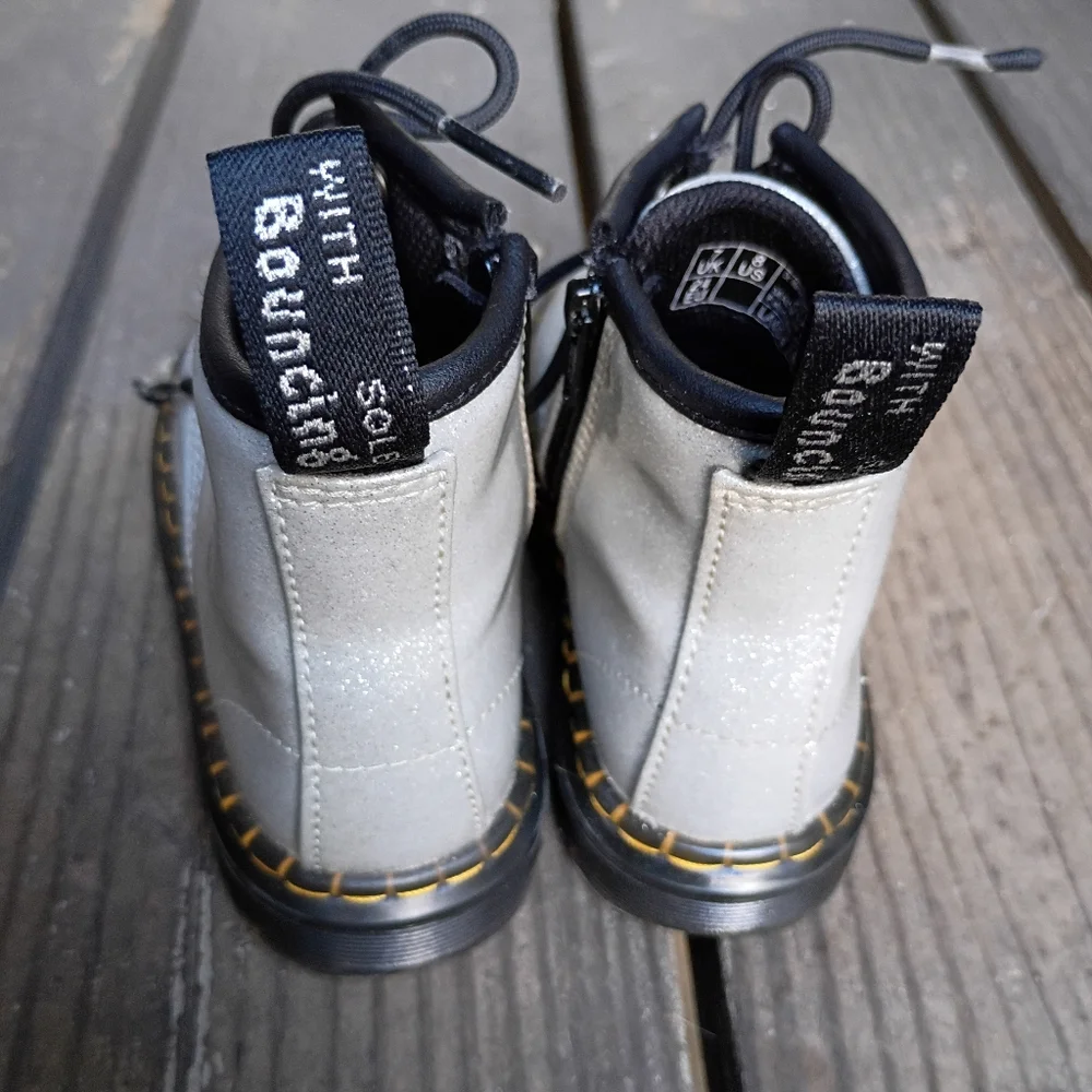 Dr. Martens Silver Glitter Patent Leather Combat Boots Yellow Stitch Toddler 9